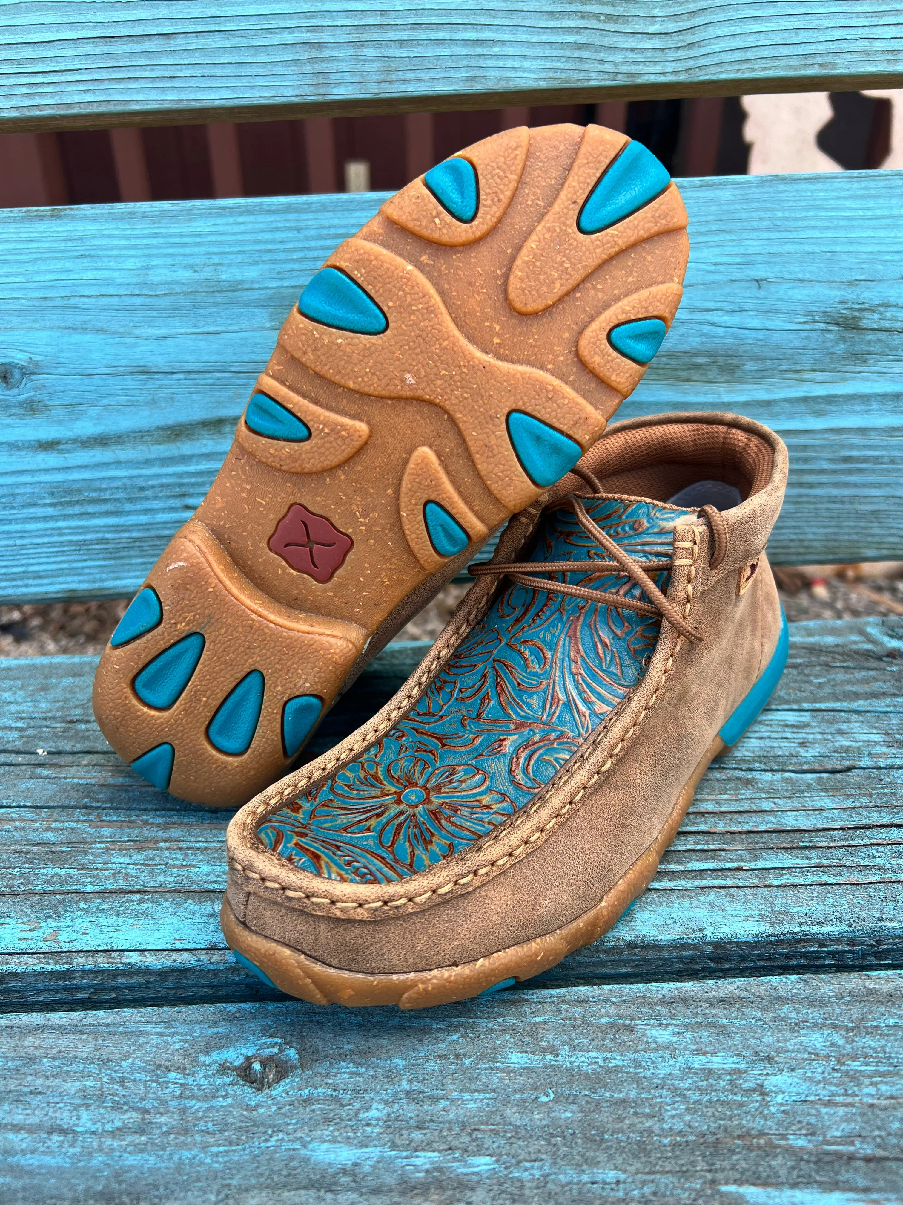 Twisted X Women's Turquoise Tooled Leather Chukka Driving Moc Casual Shoes WDM0148