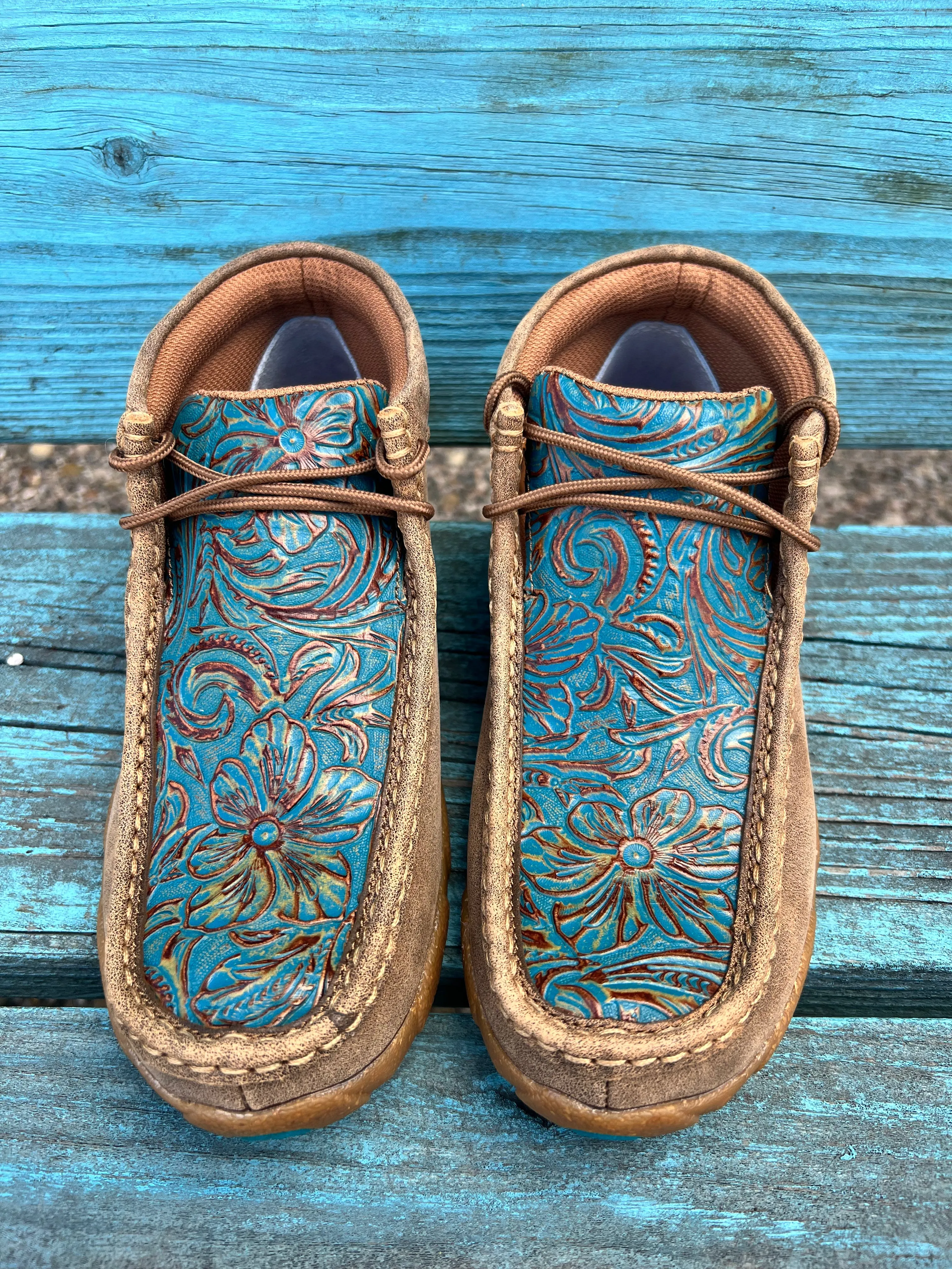 Twisted X Women's Turquoise Tooled Leather Chukka Driving Moc Casual Shoes WDM0148