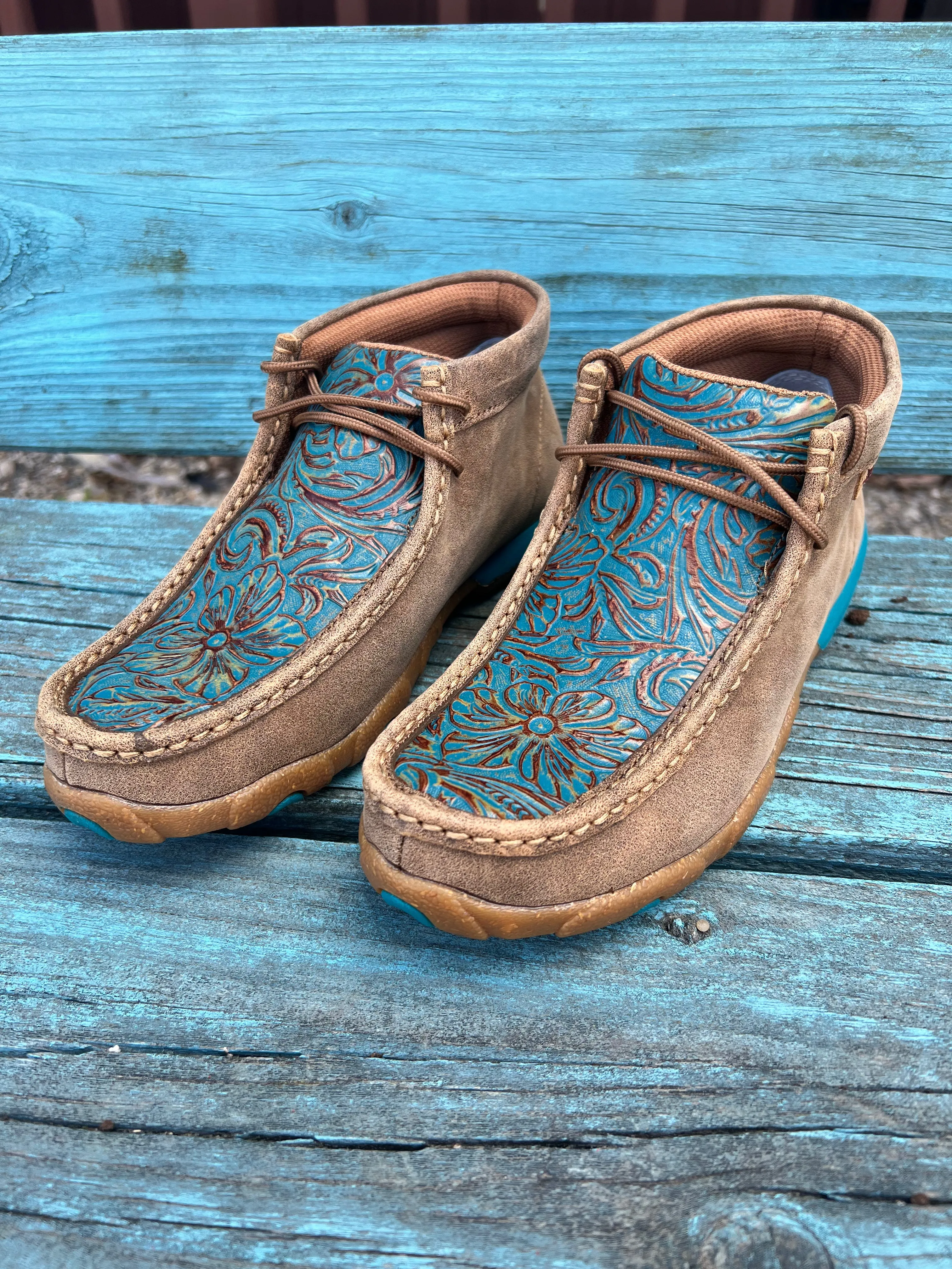 Twisted X Women's Turquoise Tooled Leather Chukka Driving Moc Casual Shoes WDM0148