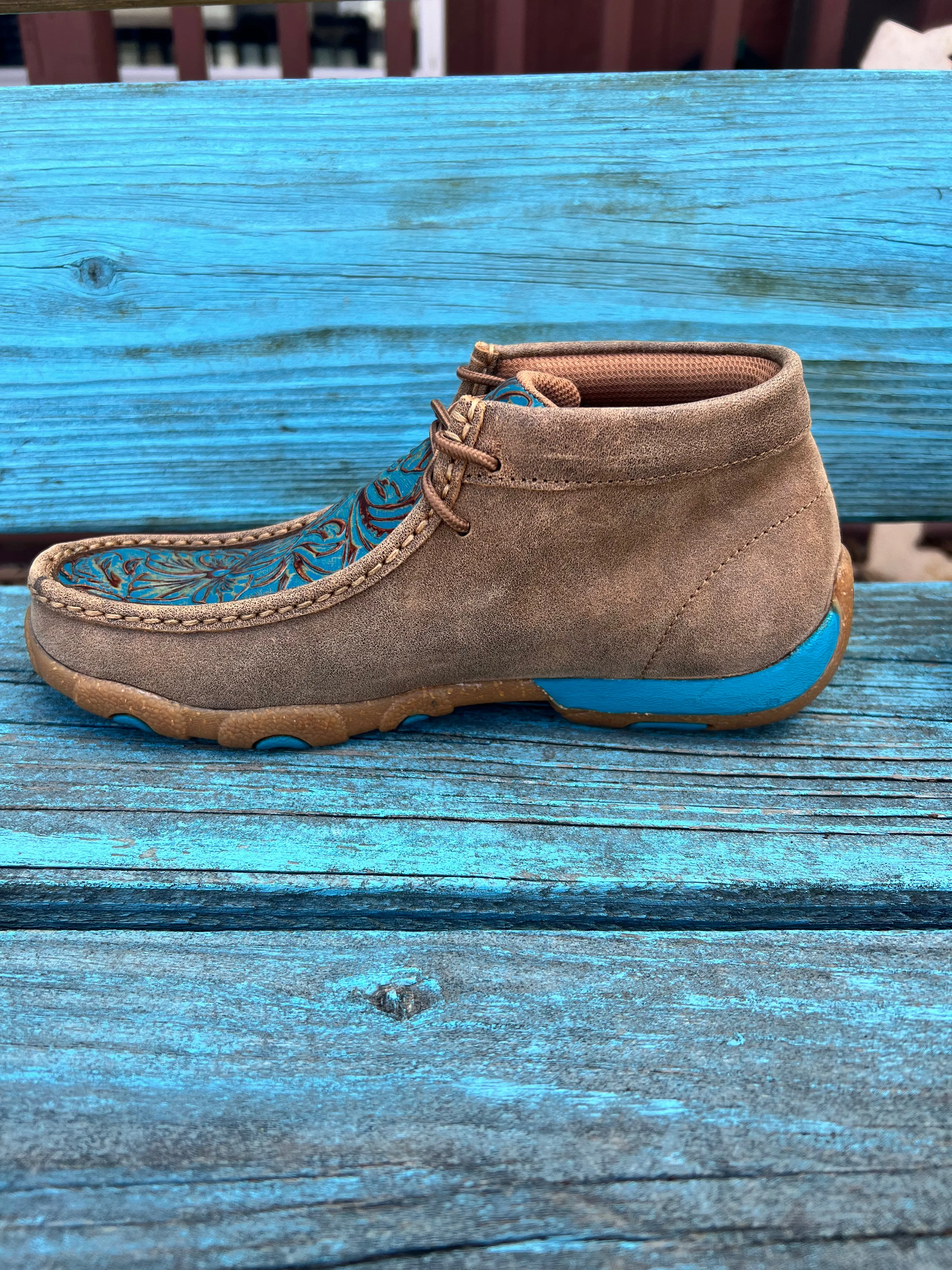 Twisted X Women's Turquoise Tooled Leather Chukka Driving Moc Casual Shoes WDM0148