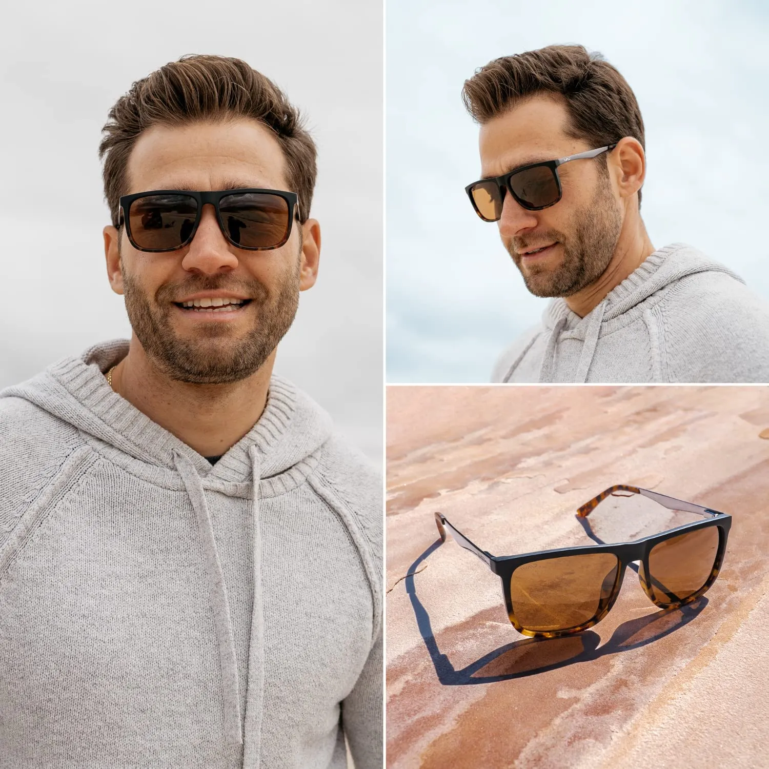 WearMe Pro Polarized Flat Top Narrow Square Mens Sunglasses (Matte Black Tortoise/Brown Lens)
