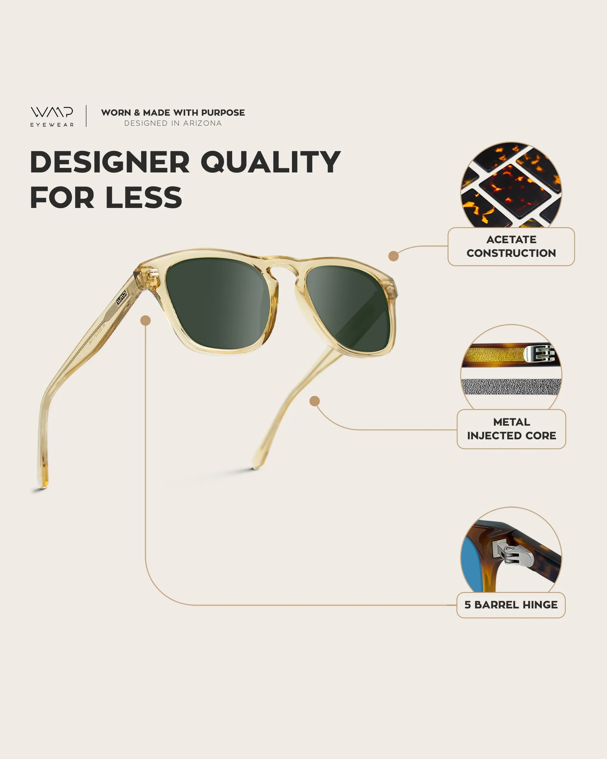 WearMe Pro Polarized Retro Large Rectangular Mens Sunglasses (Crystal Yellow/Smoke Green Lens)