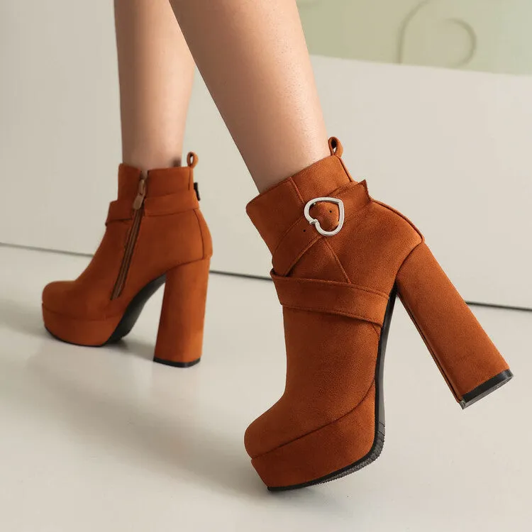 Women's Buckle Strap Round Toe High Heels Platform Ankle Boots