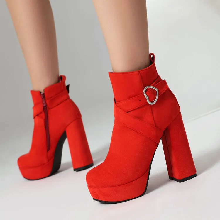 Women's Buckle Strap Round Toe High Heels Platform Ankle Boots
