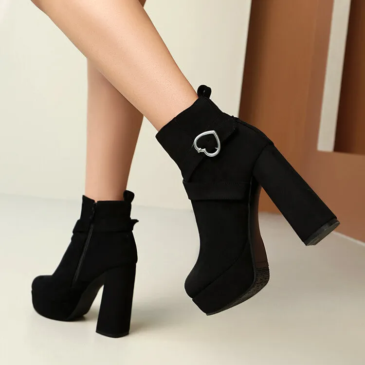 Women's Buckle Strap Round Toe High Heels Platform Ankle Boots