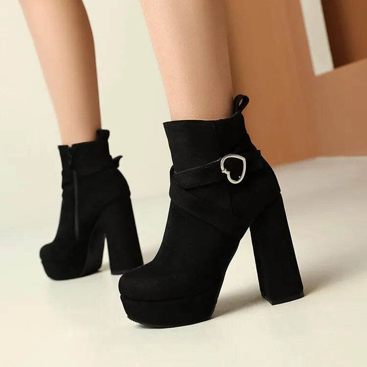 Women's Buckle Strap Round Toe High Heels Platform Ankle Boots