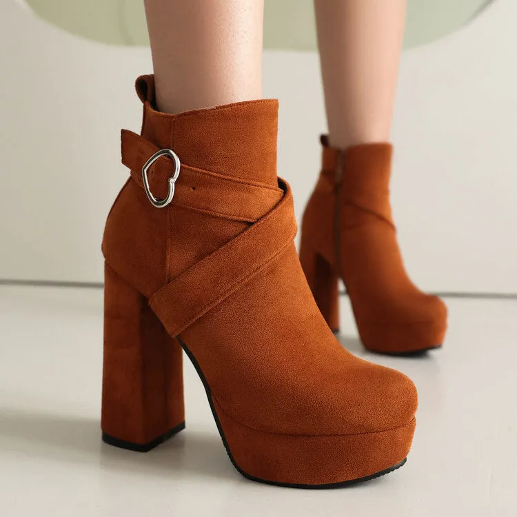 Women's Buckle Strap Round Toe High Heels Platform Ankle Boots