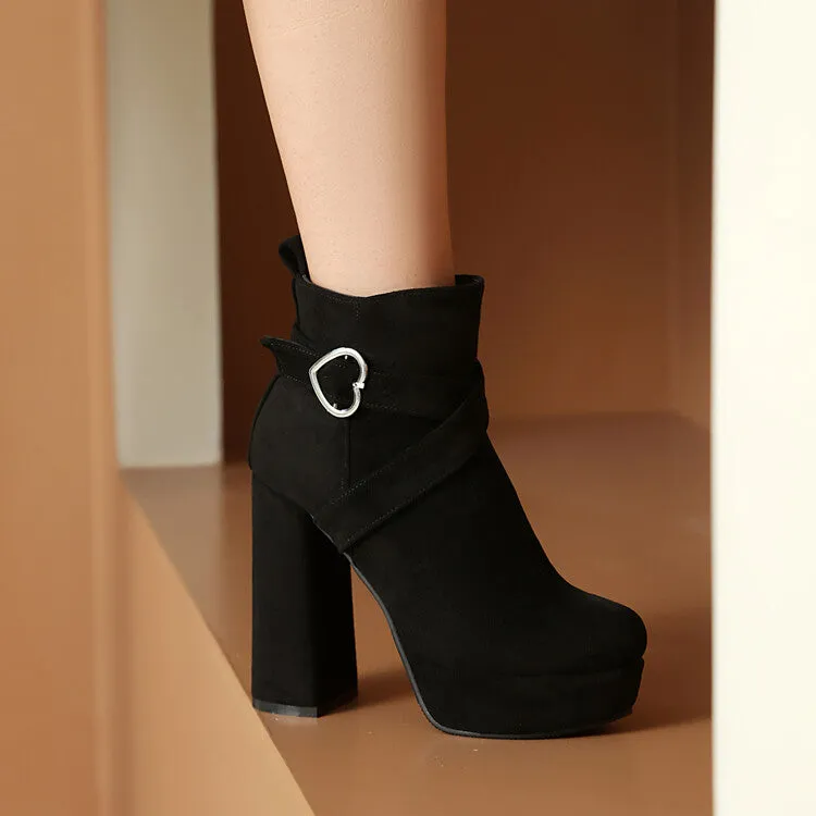 Women's Buckle Strap Round Toe High Heels Platform Ankle Boots