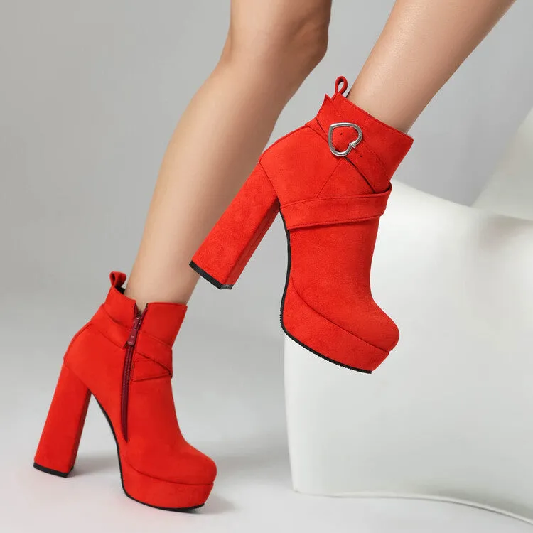 Women's Buckle Strap Round Toe High Heels Platform Ankle Boots