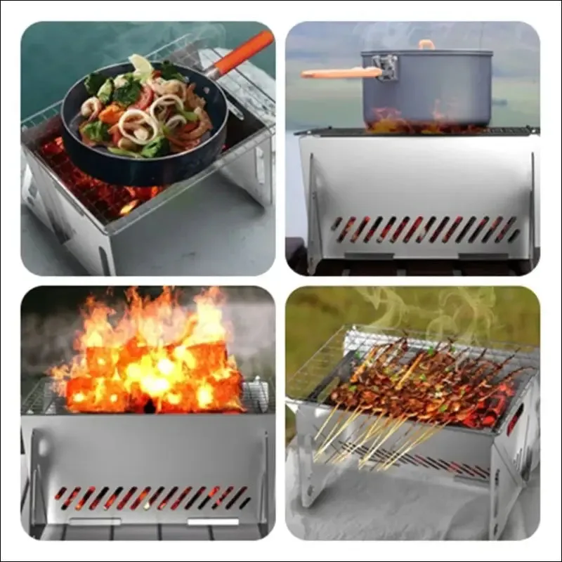 Wood burning camp stove with grill-grid - portable backpacking stove for outdoor cooking